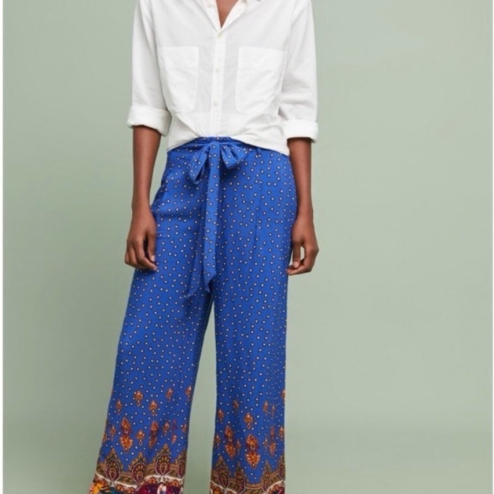 Ettitwa by Anthropologie Royal Blue Printed Wide-Leg Pants